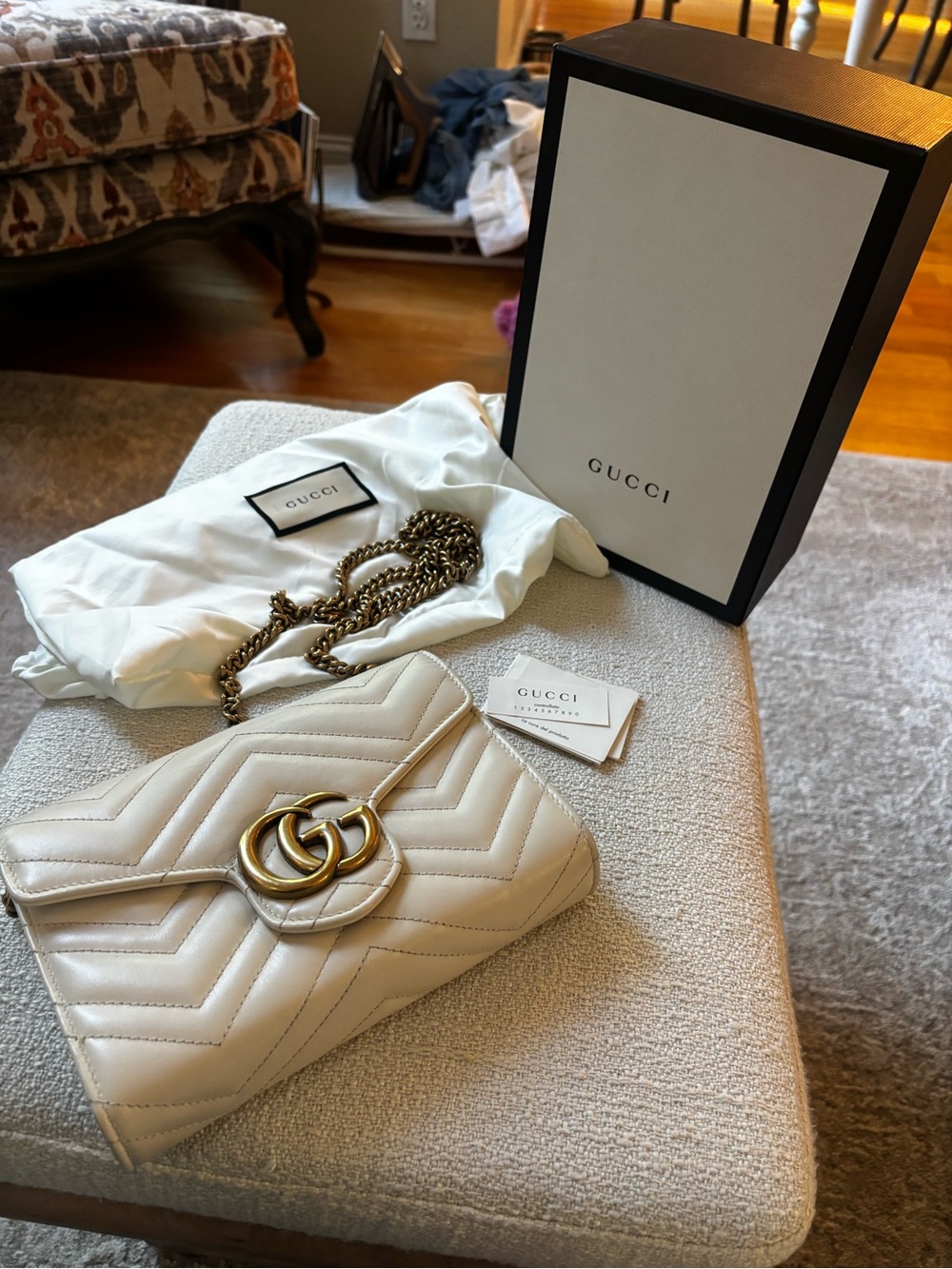 Gucci Cream Matelassé Chevron Shoulder Bag with Gold Double G